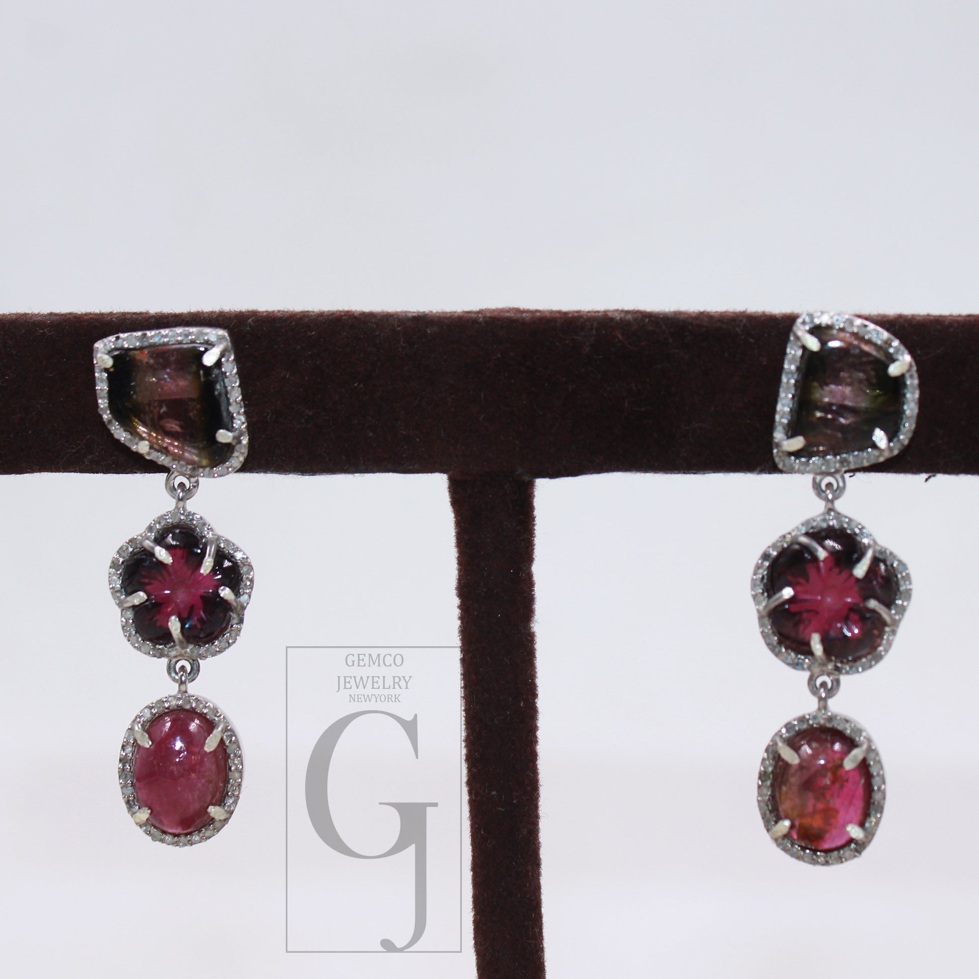 1 pair One of a kind multi tourmaline designer Rosecut pave diamond earrings 925 silver handmade silver finish diamond earring jewelry