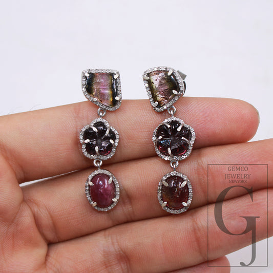 1 pair One of a kind multi tourmaline designer Rosecut pave diamond earrings 925 silver handmade silver finish diamond earring jewelry