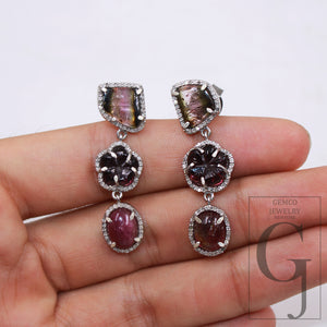 1 pair One of a kind multi tourmaline designer Rosecut pave diamond earrings 925 silver handmade silver finish diamond earring jewelry