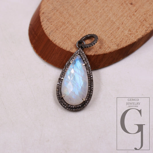 Oxidized Look Rainbow Moonstone Pendant Rosecut Pave Diamond Pendant 925 Sterling Silver Handmade Finish Diamond Charms Necklace Pendant