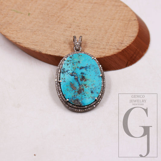 Antique natural turquoise pendant design Rosecut pave diamond pendant sterling silver handmade finish diamond charm necklace pendant jewelry