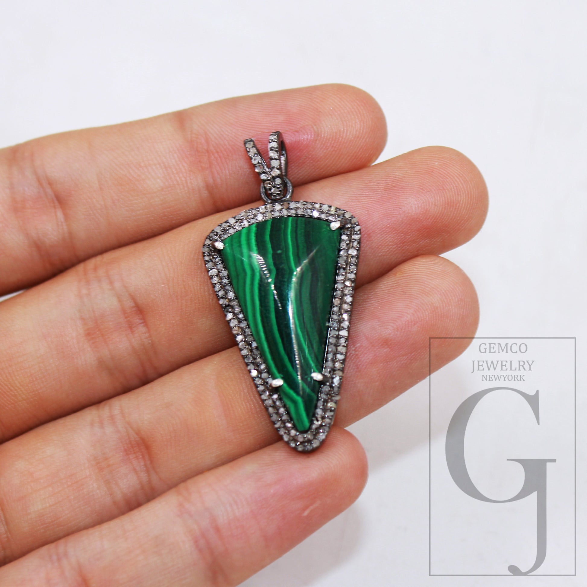 1pc Spike Design Malachite Pendant Rosecut Pave Diamond Pendant Sterling 925 Silver Handmade Finish Diamond Charm Necklace Pendant Jewelry