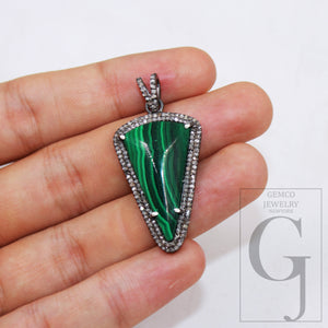 1pc Spike Design Malachite Pendant Rosecut Pave Diamond Pendant Sterling 925 Silver Handmade Finish Diamond Charm Necklace Pendant Jewelry