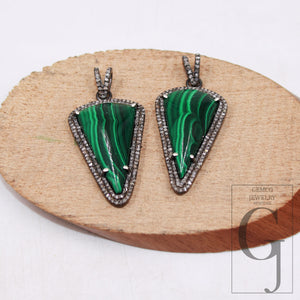 1pc Spike Design Malachite Pendant Rosecut Pave Diamond Pendant Sterling 925 Silver Handmade Finish Diamond Charm Necklace Pendant Jewelry