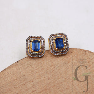 Gold antique finsih Beautiful Kyanite stud earrings tops Pave rosecut diamond 925 sterling silver handmade diamond pave stud earring jewelry