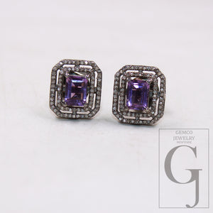 Lovely amethyst stud earrings tops Pave rosecut diamond 925 sterling silver handmade diamond pave stud earrings amethyst