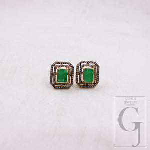 14k gold finish emerald stud earrings tops Pave rosecut diamond 925 sterling silver handmade diamond pave stud earrings emerald jewelry