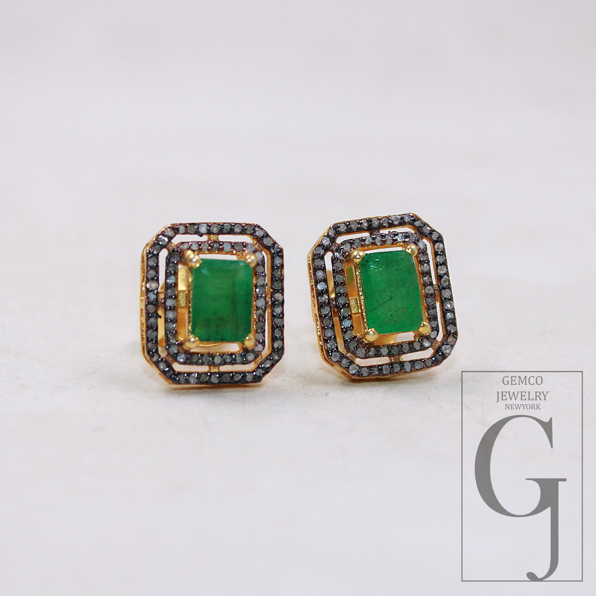 14k gold finish emerald stud earrings tops Pave rosecut diamond 925 sterling silver handmade diamond pave stud earrings emerald jewelry