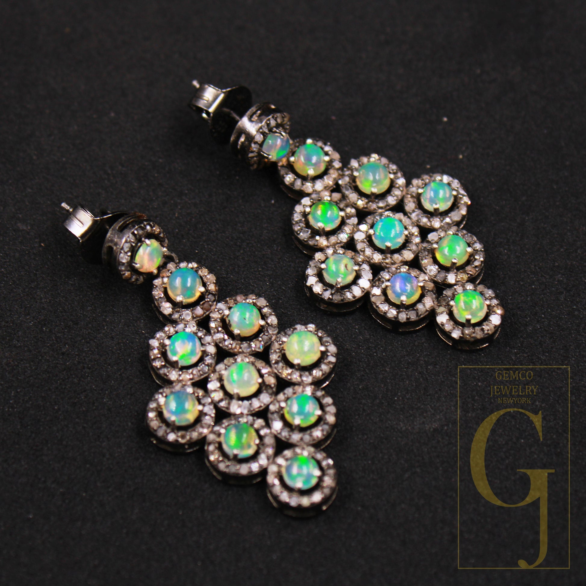 Ethiopian opal stone earrings, antique look sterling silver Beautifully made designed natural rosecut diamonds pave setting jewelry earring