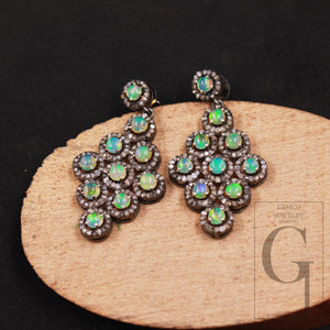 Ethiopian opal stone earrings, antique look sterling silver Beautifully made designed natural rosecut diamonds pave setting jewelry earring