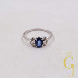 18k Diamond Gold Ring With Natural Blue Sapphire Stone In 18k White Solid Gold Handmade Jewelry Wedding And Gift Ring