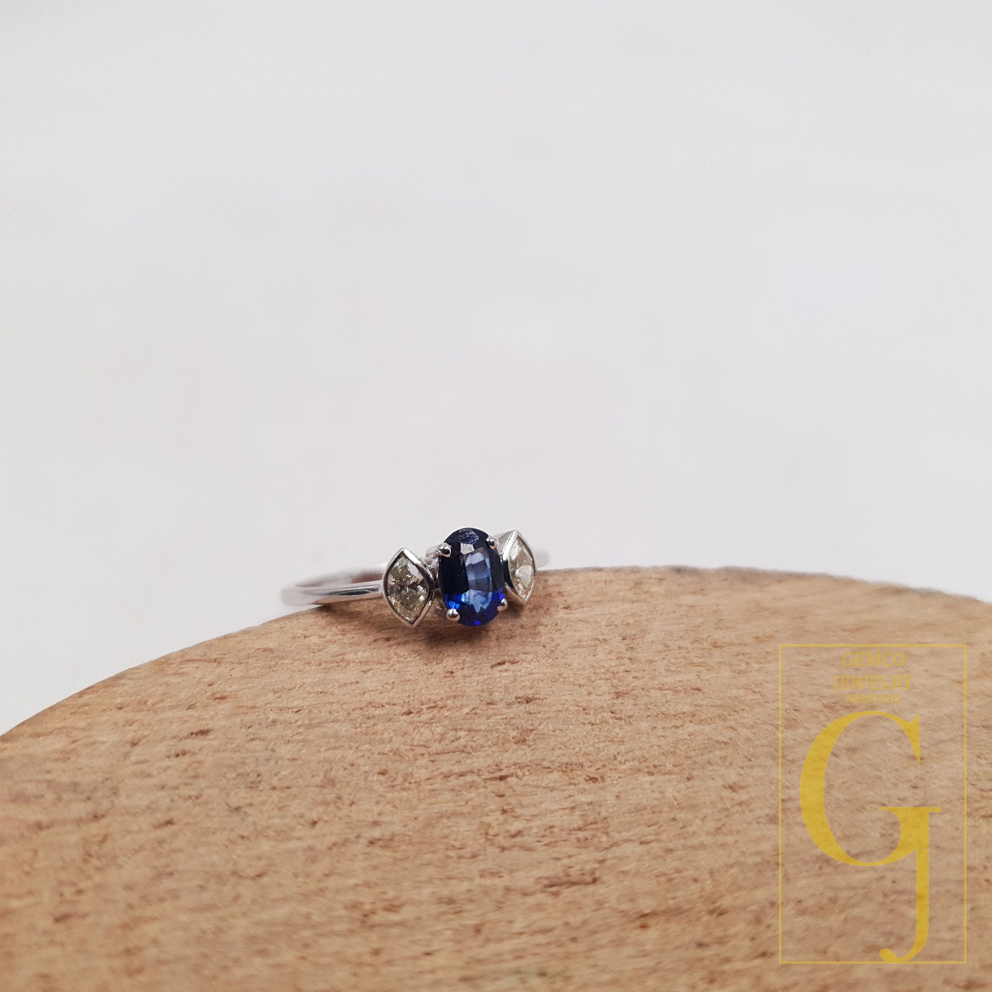 18k Diamond Gold Ring With Natural Blue Sapphire Stone In 18k White Solid Gold Handmade Jewelry Wedding And Gift Ring