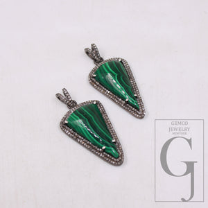 1pc Spike Design Malachite Pendant Rosecut Pave Diamond Pendant Sterling 925 Silver Handmade Finish Diamond Charm Necklace Pendant Jewelry