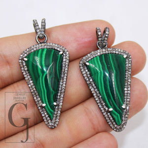 1pc Spike Design Malachite Pendant Rosecut Pave Diamond Pendant Sterling 925 Silver Handmade Finish Diamond Charm Necklace Pendant Jewelry