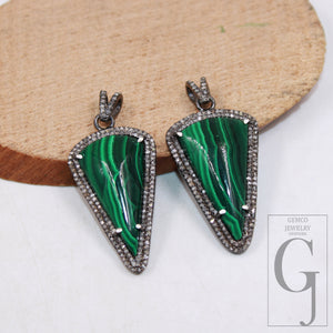 1pc Spike Design Malachite Pendant Rosecut Pave Diamond Pendant Sterling 925 Silver Handmade Finish Diamond Charm Necklace Pendant Jewelry