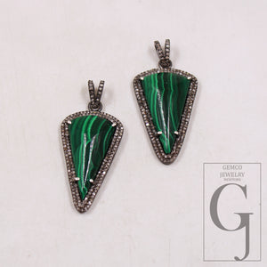 1pc Spike Design Malachite Pendant Rosecut Pave Diamond Pendant Sterling 925 Silver Handmade Finish Diamond Charm Necklace Pendant Jewelry