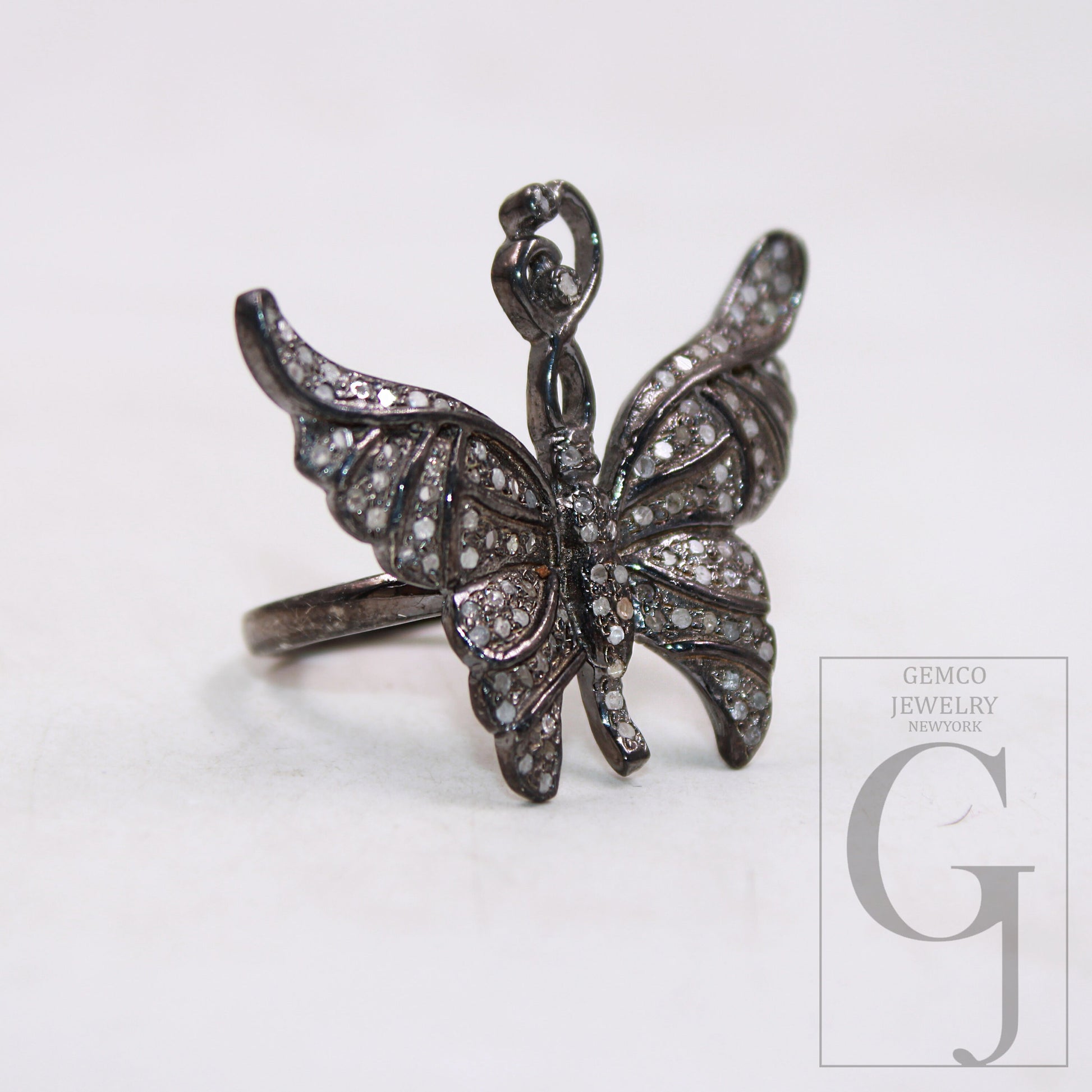 Beautiful butterfly designer Rosecut pave diamond rings 925 sterling silver handmade silver finish diamond ring jewelry oxidized finish