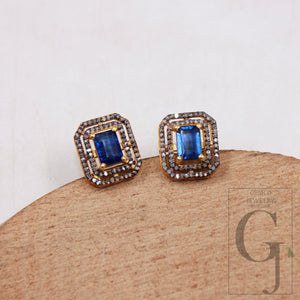 Gold antique finsih Beautiful Kyanite stud earrings tops Pave rosecut diamond 925 sterling silver handmade diamond pave stud earring jewelry