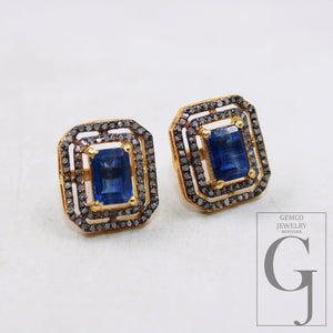 Gold antique finsih Beautiful Kyanite stud earrings tops Pave rosecut diamond 925 sterling silver handmade diamond pave stud earring jewelry