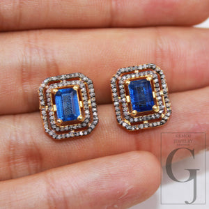 Gold antique finsih Beautiful Kyanite stud earrings tops Pave rosecut diamond 925 sterling silver handmade diamond pave stud earring jewelry