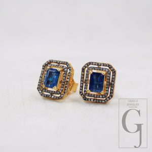 Gold antique finsih Beautiful Kyanite stud earrings tops Pave rosecut diamond 925 sterling silver handmade diamond pave stud earring jewelry