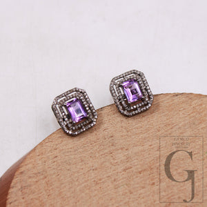 Very beautiful amethyst stud earrings tops Pave rosecut diamond 925 sterling silver handmade diamond pave stud earrings amethyst