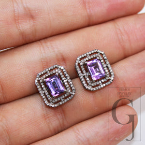 Lovely amethyst stud earrings tops Pave rosecut diamond 925 sterling silver handmade diamond pave stud earrings amethyst