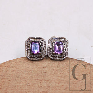 Lovely amethyst stud earrings tops Pave rosecut diamond 925 sterling silver handmade diamond pave stud earrings amethyst