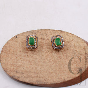 14k gold finish emerald stud earrings tops Pave rosecut diamond 925 sterling silver handmade diamond pave stud earrings emerald jewelry