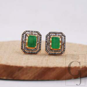 14k gold finish emerald stud earrings tops Pave rosecut diamond 925 sterling silver handmade diamond pave stud earrings emerald jewelry