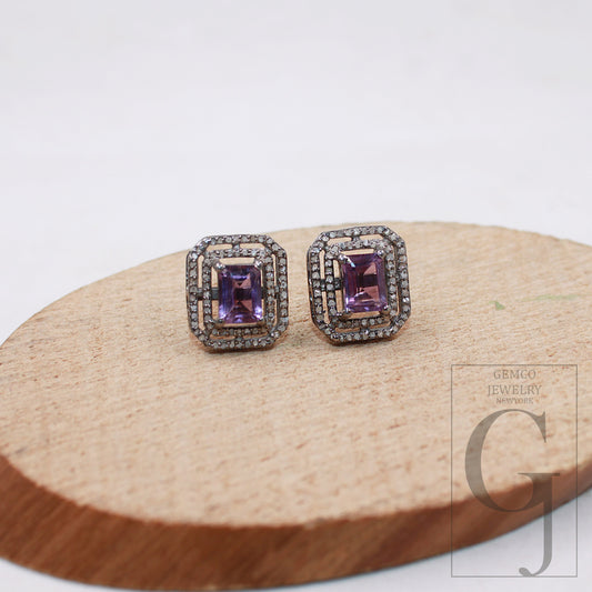 Lovely Amethyst Stud Earrings Tops Pave Rosecut Diamond 925 Sterling Silver Handmade Diamond Pave Stud Earrings Amethyst