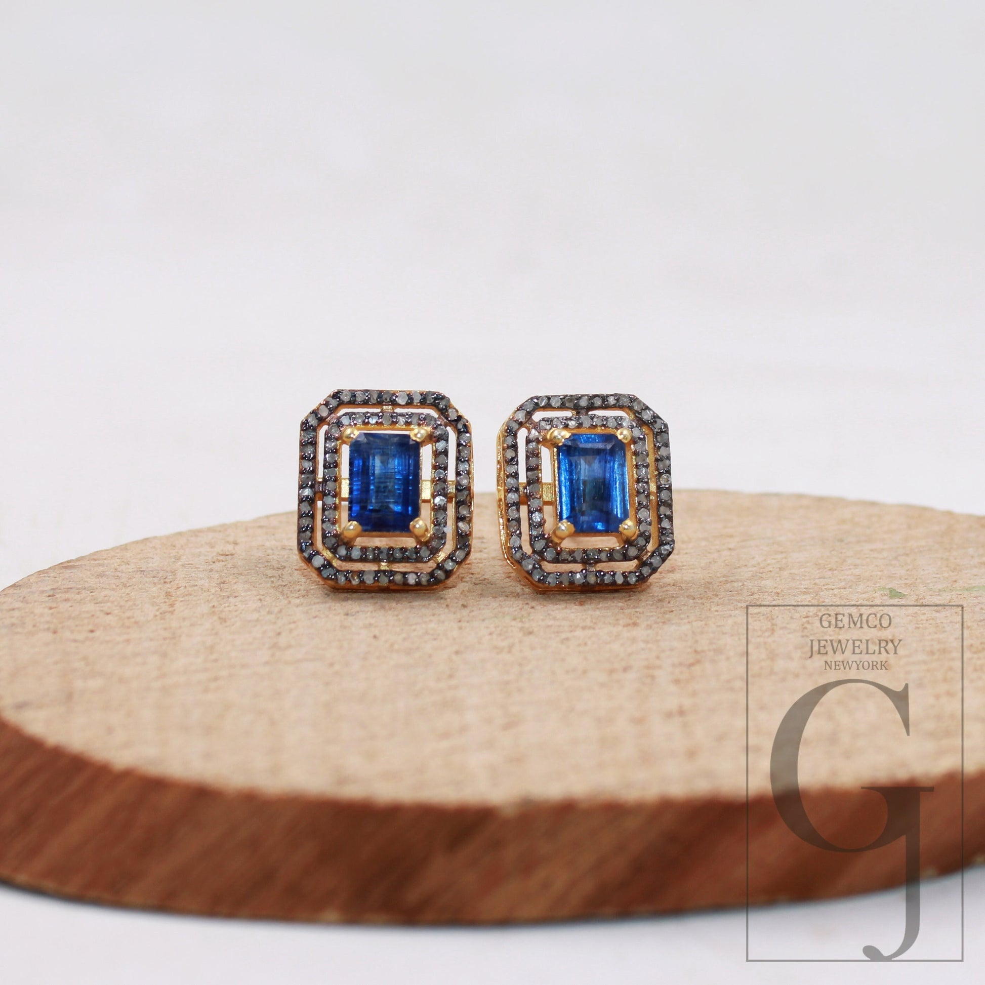 Gold Antique Finsih Beautiful Kyanite Stud Earrings Tops Pave Rosecut Diamond 925 Sterling Silver Handmade Diamond Pave Stud Earring Jewelry