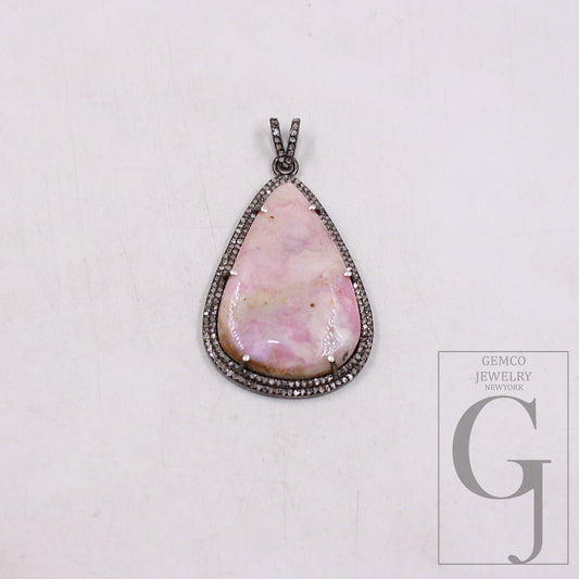 Beautiful Rose Pink Opal Pendant Necklace Rosecut Pave Diamond Pendant 925 Sterling Silver Handmade Finish Charm Diamond Pendant Jewelry