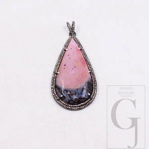 Beautiful Pink Opal Stone Pendant Rose Cut Pave Diamond Pendant 925 Sterling Silver Handmade Finish Pendant Pave Diamond Pendant Jewelry