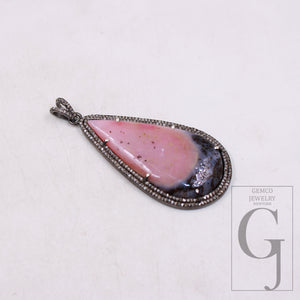 Beautiful Pink Opal Stone Pendant Rose Cut Pave Diamond Pendant 925 Sterling Silver Handmade Finish Pendant Pave Diamond Pendant Jewelry