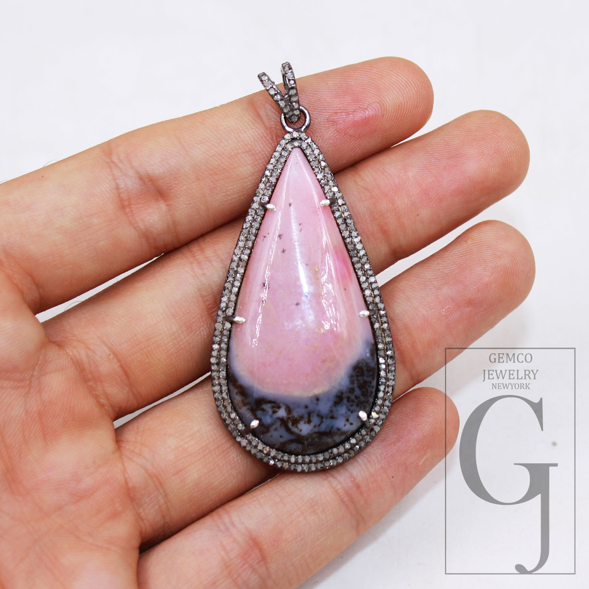 Beautiful Pink Opal Stone Pendant Rose Cut Pave Diamond Pendant 925 Sterling Silver Handmade Finish Pendant Pave Diamond Pendant Jewelry