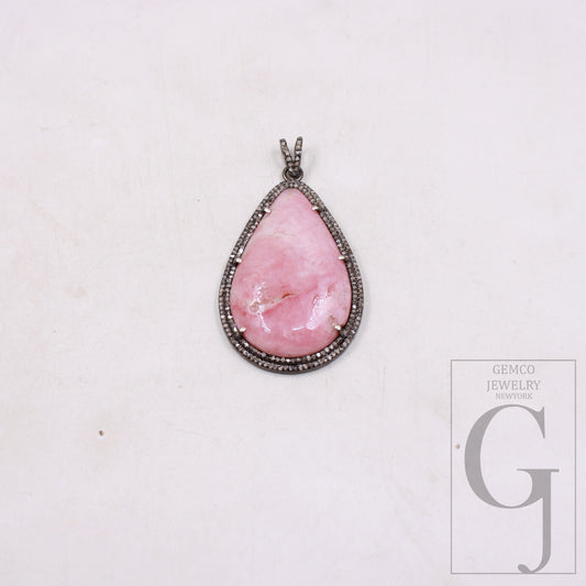 1Pcs Beautiful Pink Opal Pendant Necklace Rose Cut Pave Diamond 925 Sterling Silver Handmade Finish Pave Diamond Charm Pendant Necklace