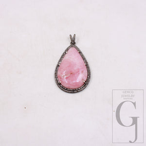 1Pcs Beautiful Pink Opal Pendant Necklace Rose Cut Pave Diamond 925 Sterling Silver Handmade Finish Pave Diamond Charm Pendant Necklace