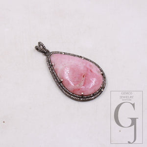 1Pcs Beautiful Pink Opal Pendant Necklace Rose Cut Pave Diamond 925 Sterling Silver Handmade Finish Pave Diamond Charm Pendant Necklace