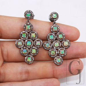 Ethiopian opal stone earrings, antique look sterling silver Beautifully made designed natural rosecut diamonds pave setting jewelry earring