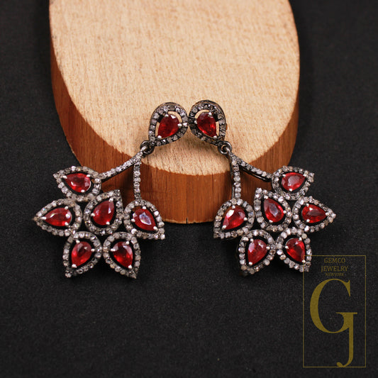 Red Ruby designer earring Rosecut pave diamond earrings 925 sterling silver handmade silver finish  diamond earrings jewelry