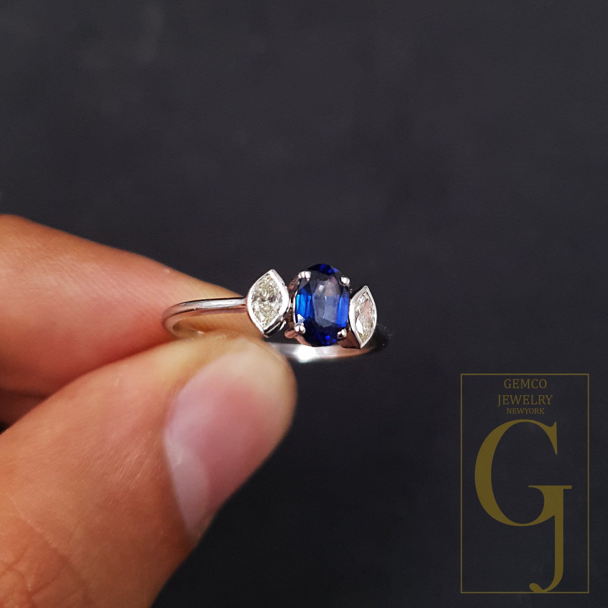 18k Diamond Gold Ring With Natural Blue Sapphire Stone In 18k White Solid Gold Handmade Jewelry Wedding And Gift Ring