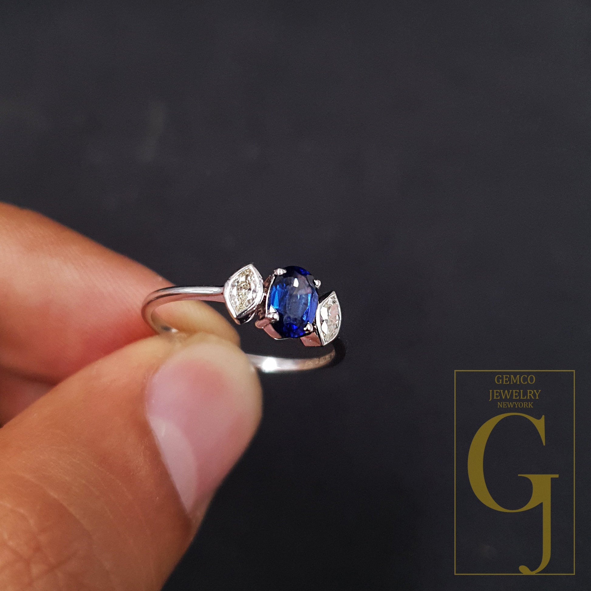 18k Diamond Gold Ring With Natural Blue Sapphire Stone In 18k White Solid Gold Handmade Jewelry Wedding And Gift Ring