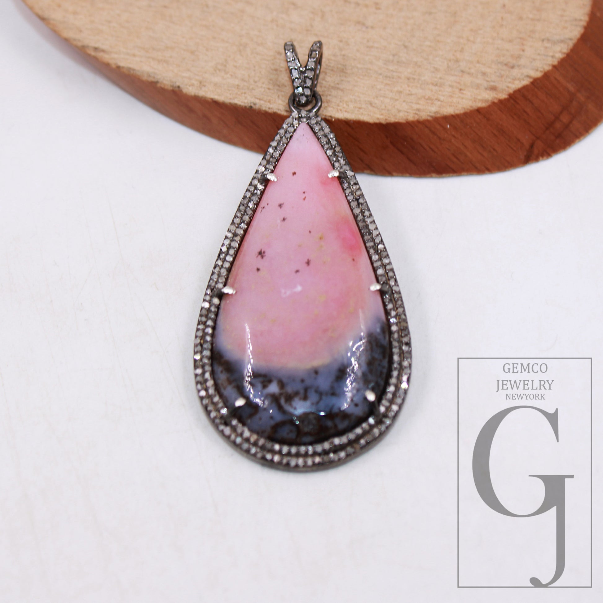 Beautiful Pink Opal Stone Pendant Rose Cut Pave Diamond Pendant 925 Sterling Silver Handmade Finish Pendant Pave Diamond Pendant Jewelry