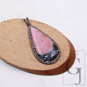 Beautiful Pink Opal Stone Pendant Rose Cut Pave Diamond Pendant 925 Sterling Silver Handmade Finish Pendant Pave Diamond Pendant Jewelry