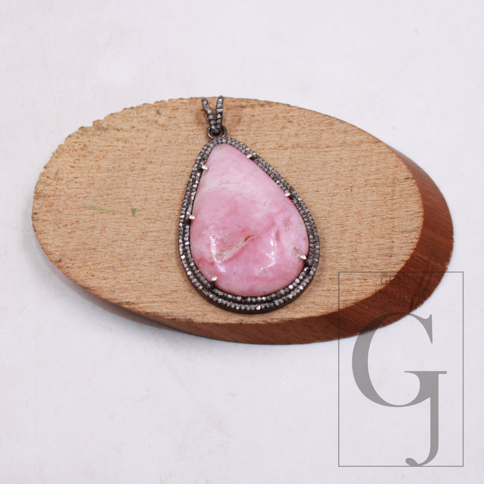 1Pcs Beautiful Pink Opal Pendant Necklace Rose Cut Pave Diamond 925 Sterling Silver Handmade Finish Pave Diamond Charm Pendant Necklace