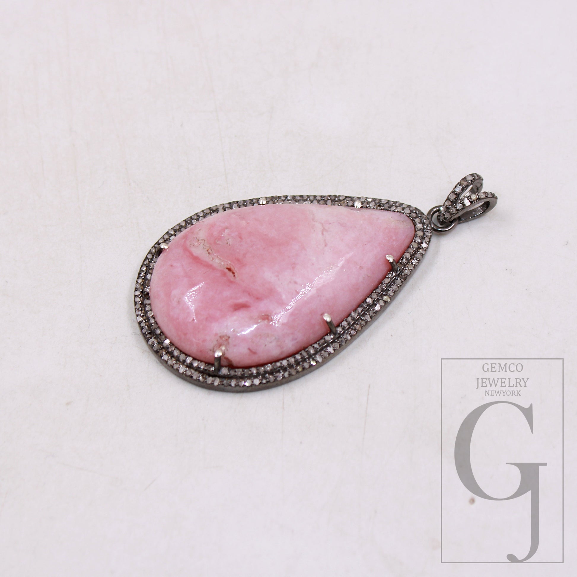 1Pcs Beautiful Pink Opal Pendant Necklace Rose Cut Pave Diamond 925 Sterling Silver Handmade Finish Pave Diamond Charm Pendant Necklace