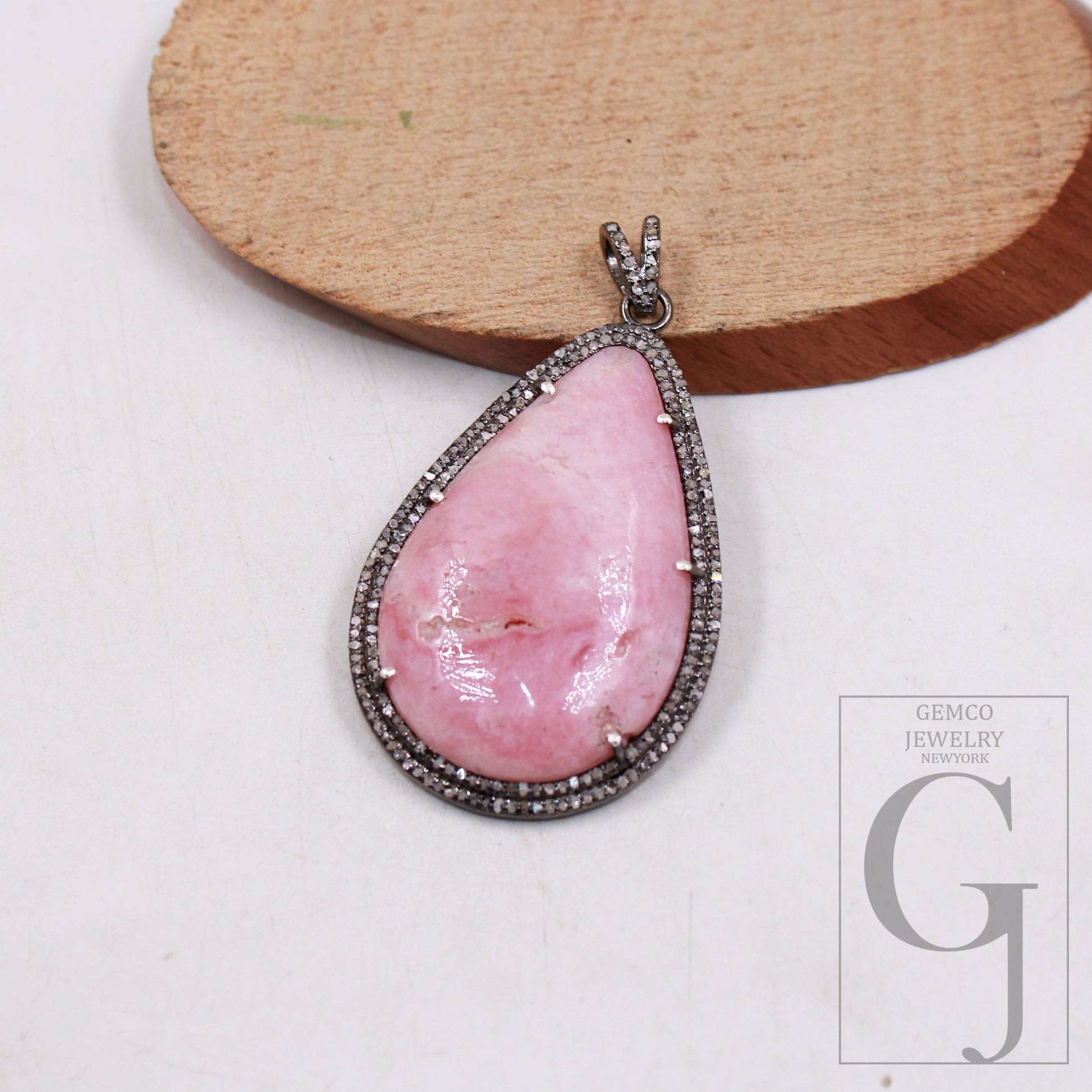 1Pcs Beautiful Pink Opal Pendant Necklace Rose Cut Pave Diamond 925 Sterling Silver Handmade Finish Pave Diamond Charm Pendant Necklace