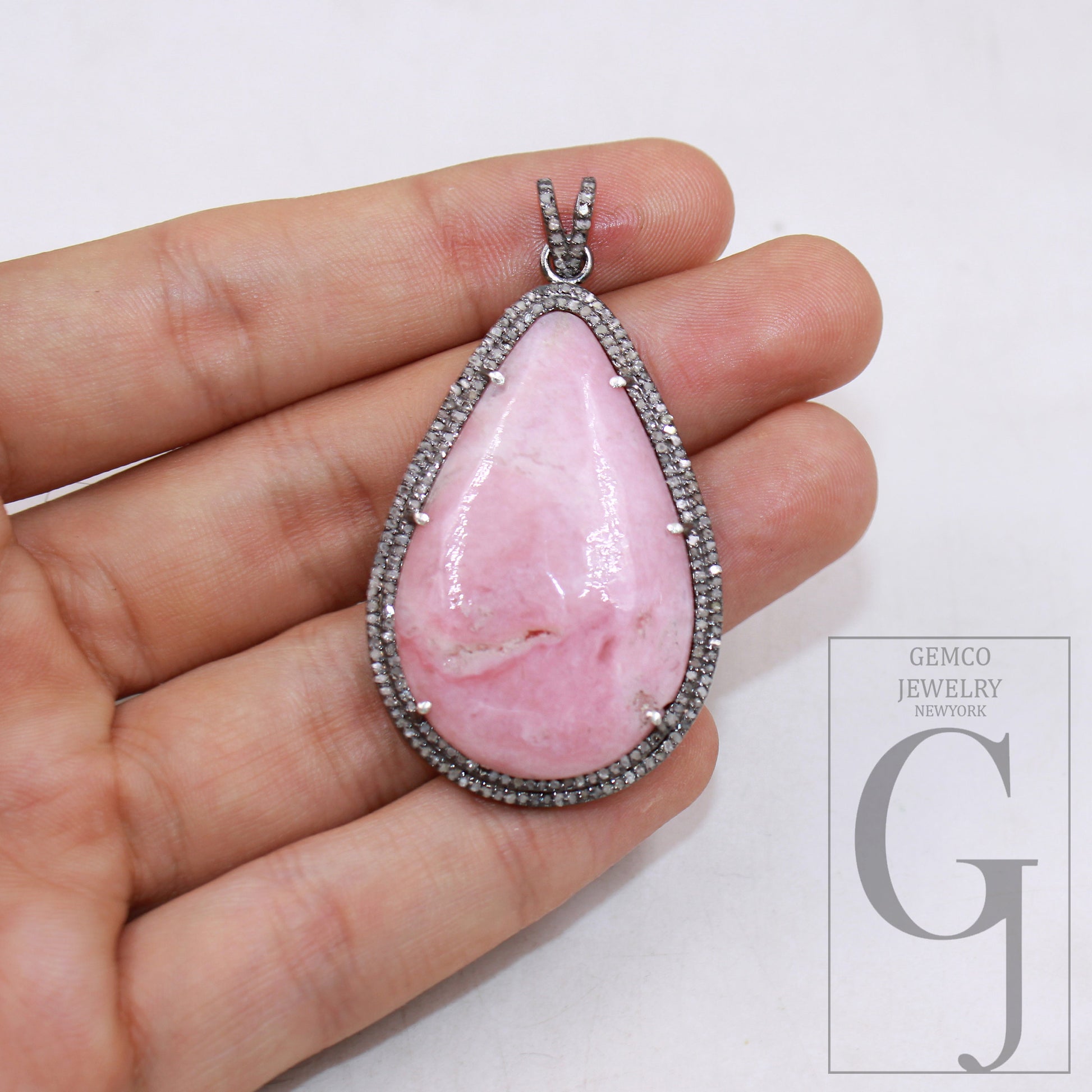 1Pcs Beautiful Pink Opal Pendant Necklace Rose Cut Pave Diamond 925 Sterling Silver Handmade Finish Pave Diamond Charm Pendant Necklace