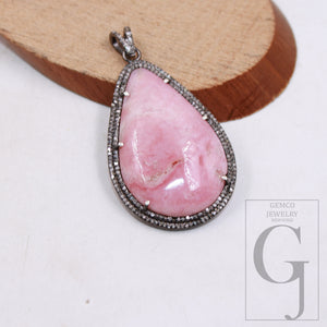 1Pcs Beautiful Pink Opal Pendant Necklace Rose Cut Pave Diamond 925 Sterling Silver Handmade Finish Pave Diamond Charm Pendant Necklace